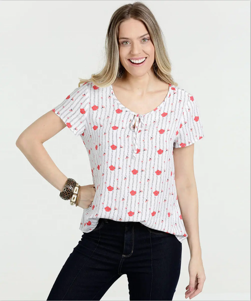 Short Sleeve Stripe flower Printed blouses