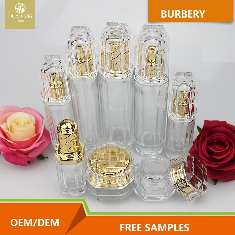 Golden transparent Octagonal glass cosmetic jars and bottles