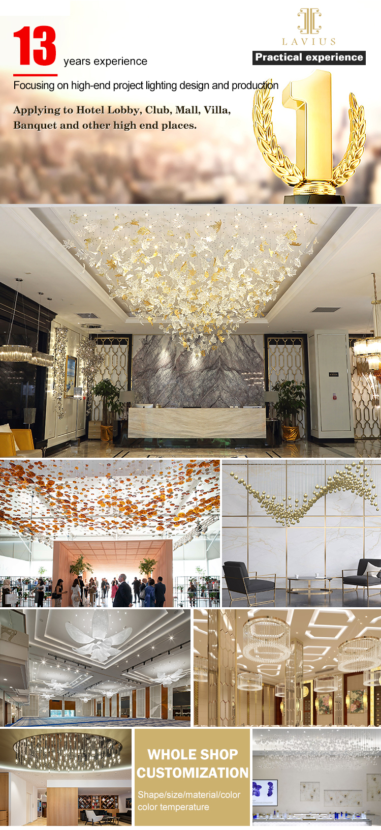 Large shaped glass chandelier in the hotel lobby