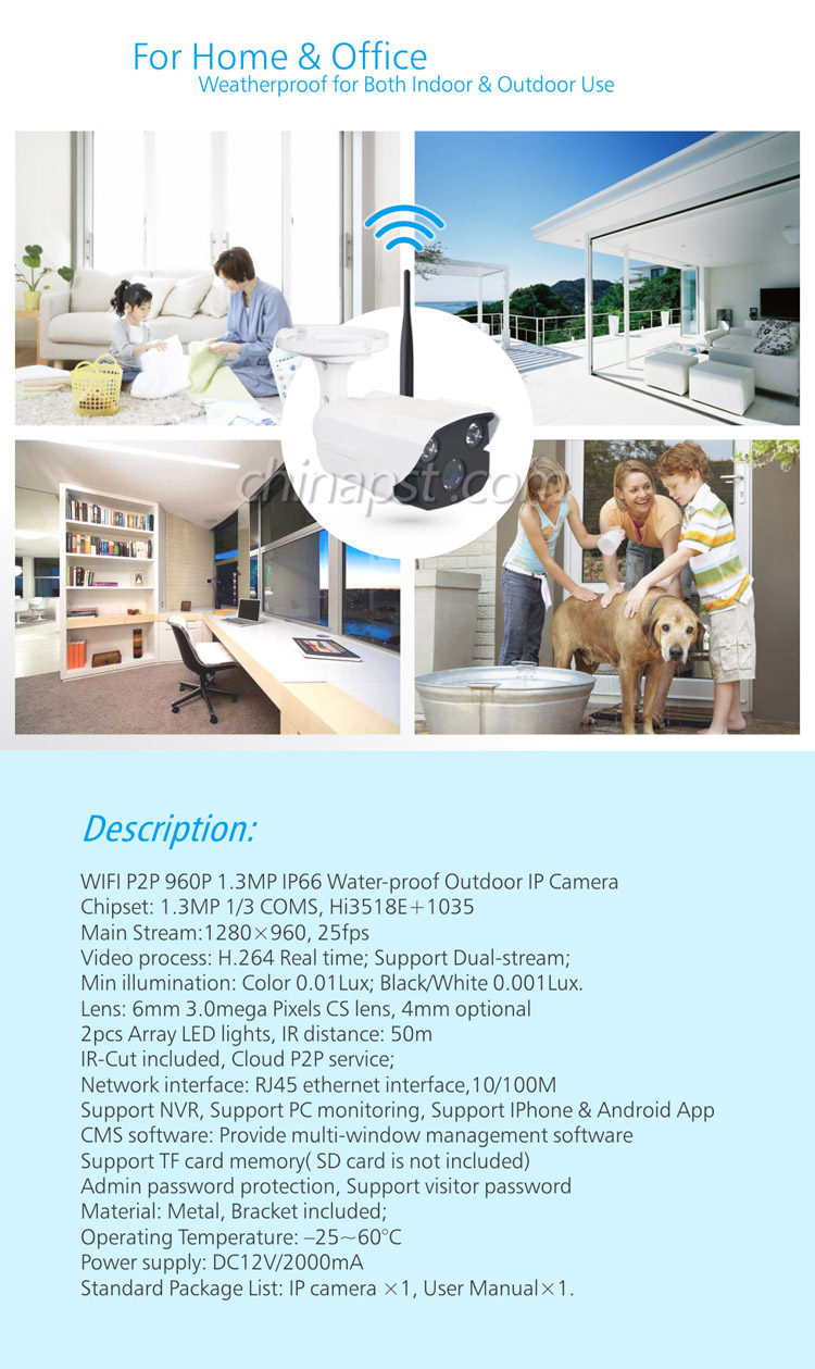 Outdoor Waterproof 960p Wireless WiFi Network IP Bullet Camera (PST-WHM30AL)