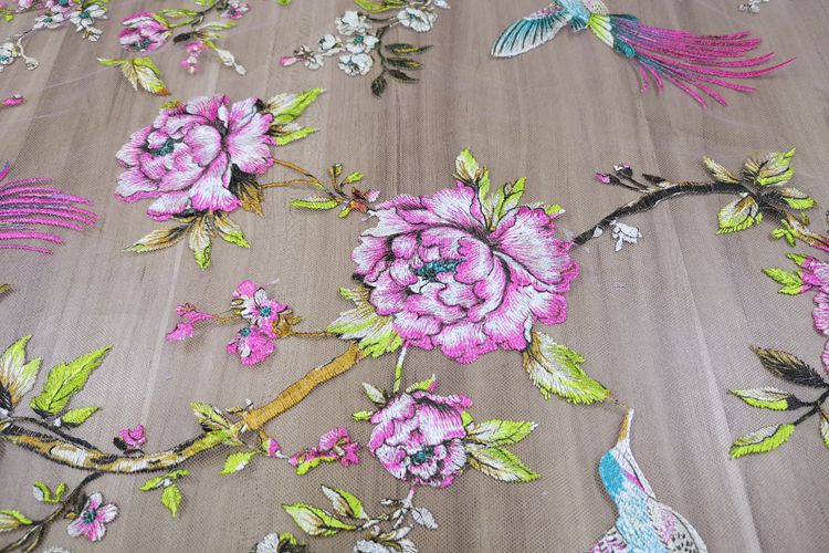 Printed Birds Flowers Embroidery Tulle Lace Fabrics