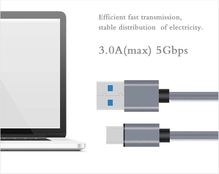 Black Round Tinned Copper USB Type a 3.0 to USB Type C Charging Cable for Mobile Phone