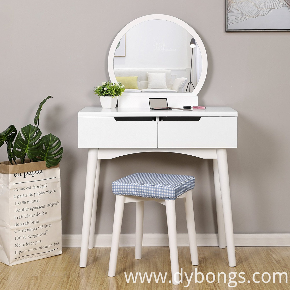 Factory Cheap Vanity Table Set With Round Mirror 2 Drawers Makeup Dressing Table With Cushioned Stool China Manufacturer