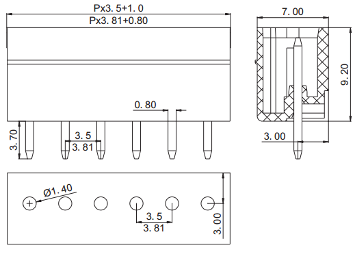 3.5mm Pitch PCB 7 way terminal block 180degree