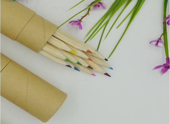 Lápis de cor de madeira longa na caixa de papel kraft