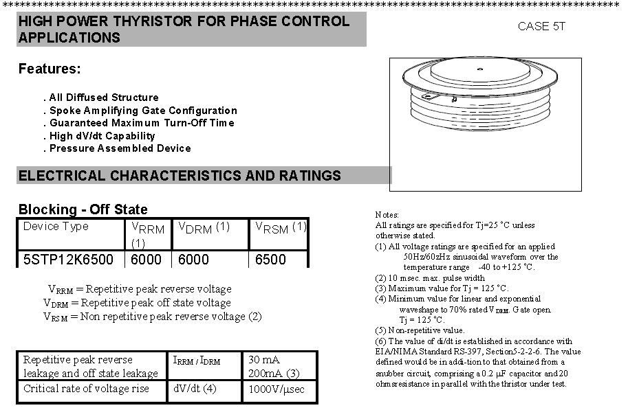 HIGH POWER THYRISTOR FOR PHASE CONTROL YZPST-5STP12K6500 