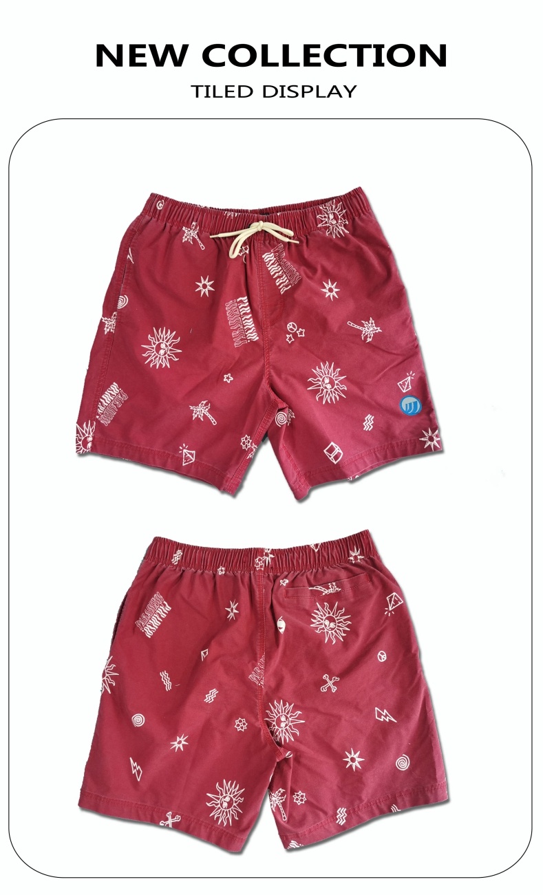 150GSM Baumwolle Polyester Vollelastische Taille Brieffutter Pigment Print Kleidungsstück Wash Man's Swim Short