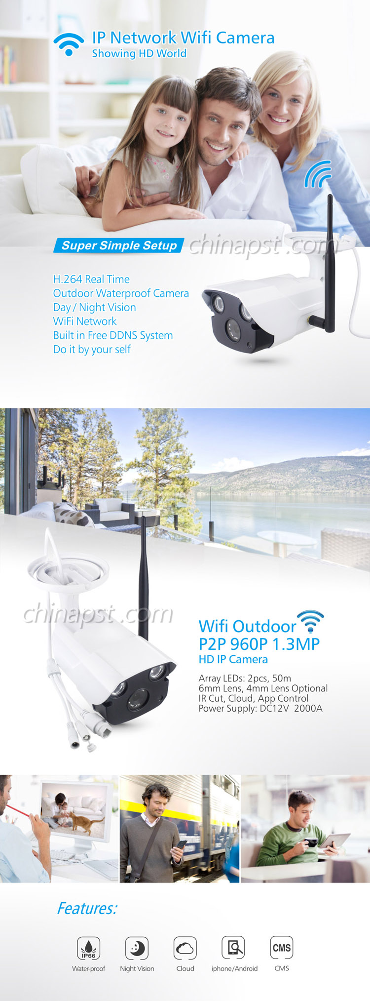 Outdoor Waterproof 960p Wireless WiFi Network IP Bullet Camera (PST-WHM30AL)