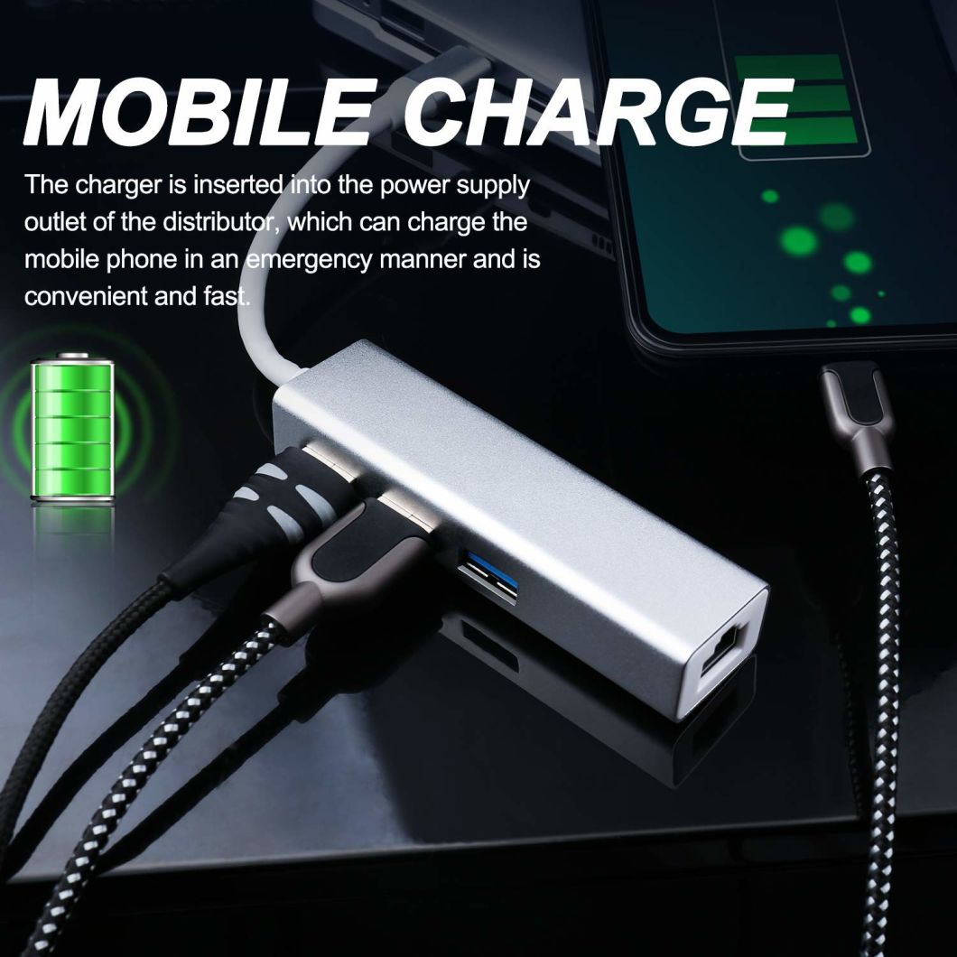 New Design Multi Port Type-C USB-C Hub USB3.0*2/RJ45 (1000Mbps) /Pd 60W Charging