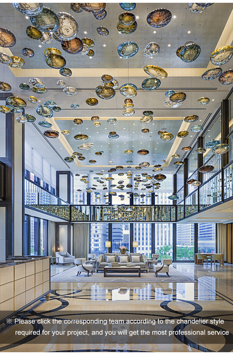 Bulk amber chandeliers used in hotel corridors