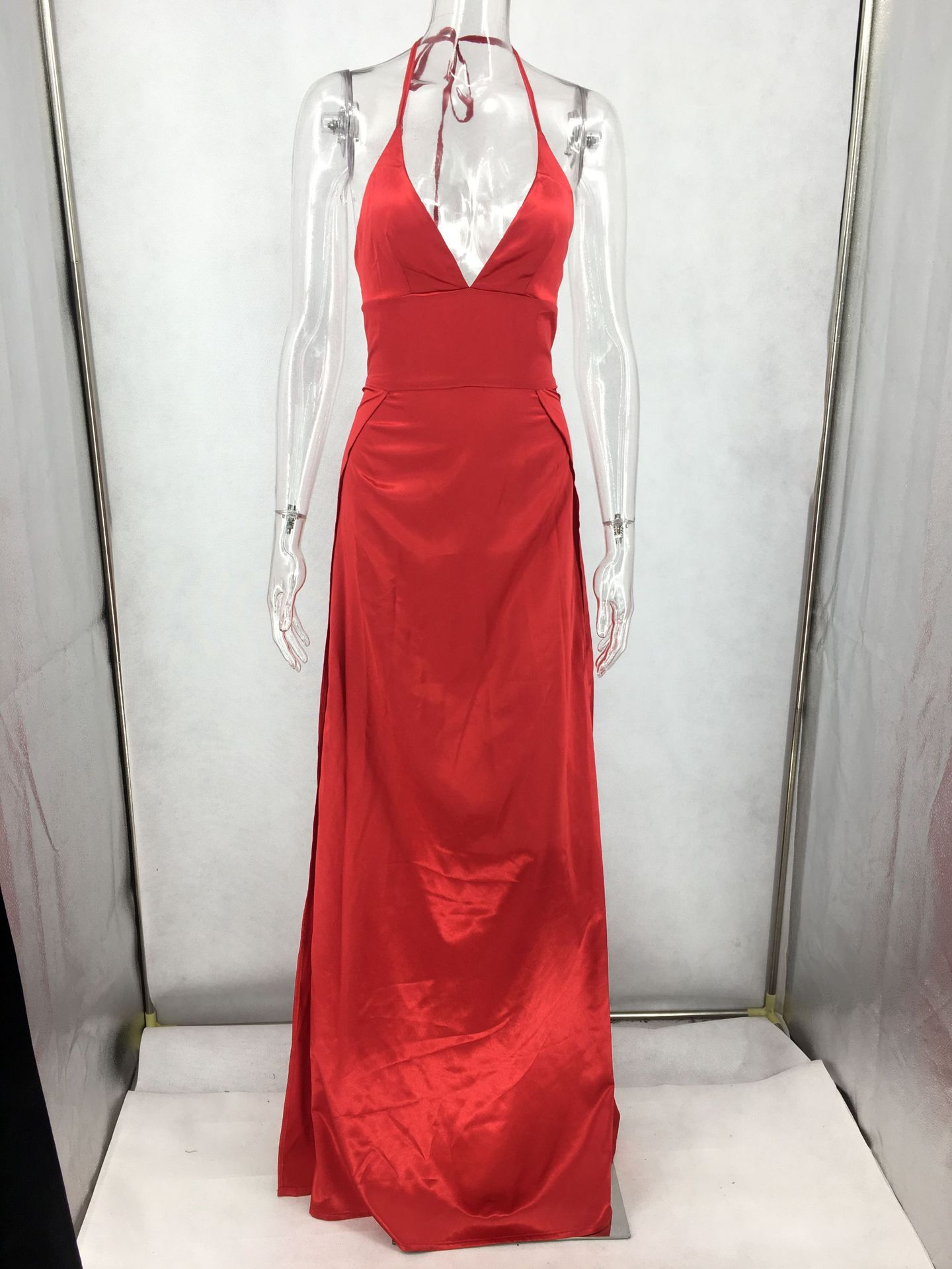 Halter Neck Backless Satin Slip Dress