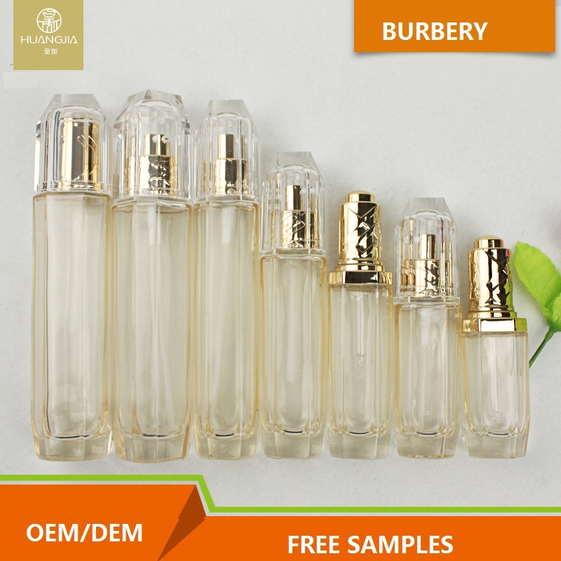 Golden transparent Octagonal glass cosmetic jars and bottles