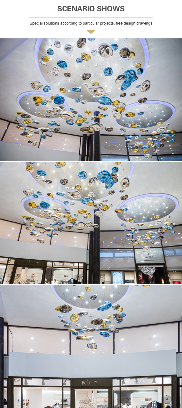 Large shaped glass chandelier in the hotel lobby